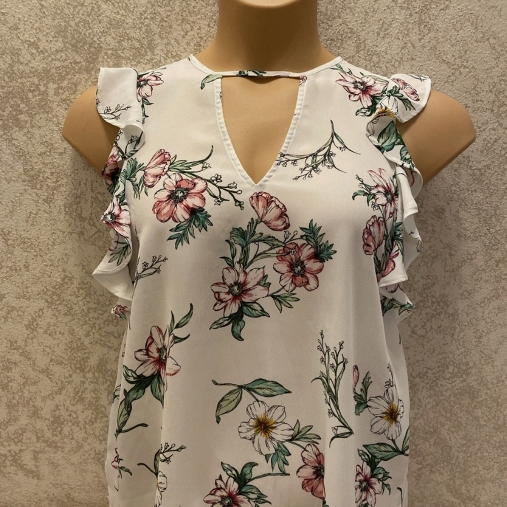 Floral Ruffle Sleeve Women's Top - White with Pink/Green Print